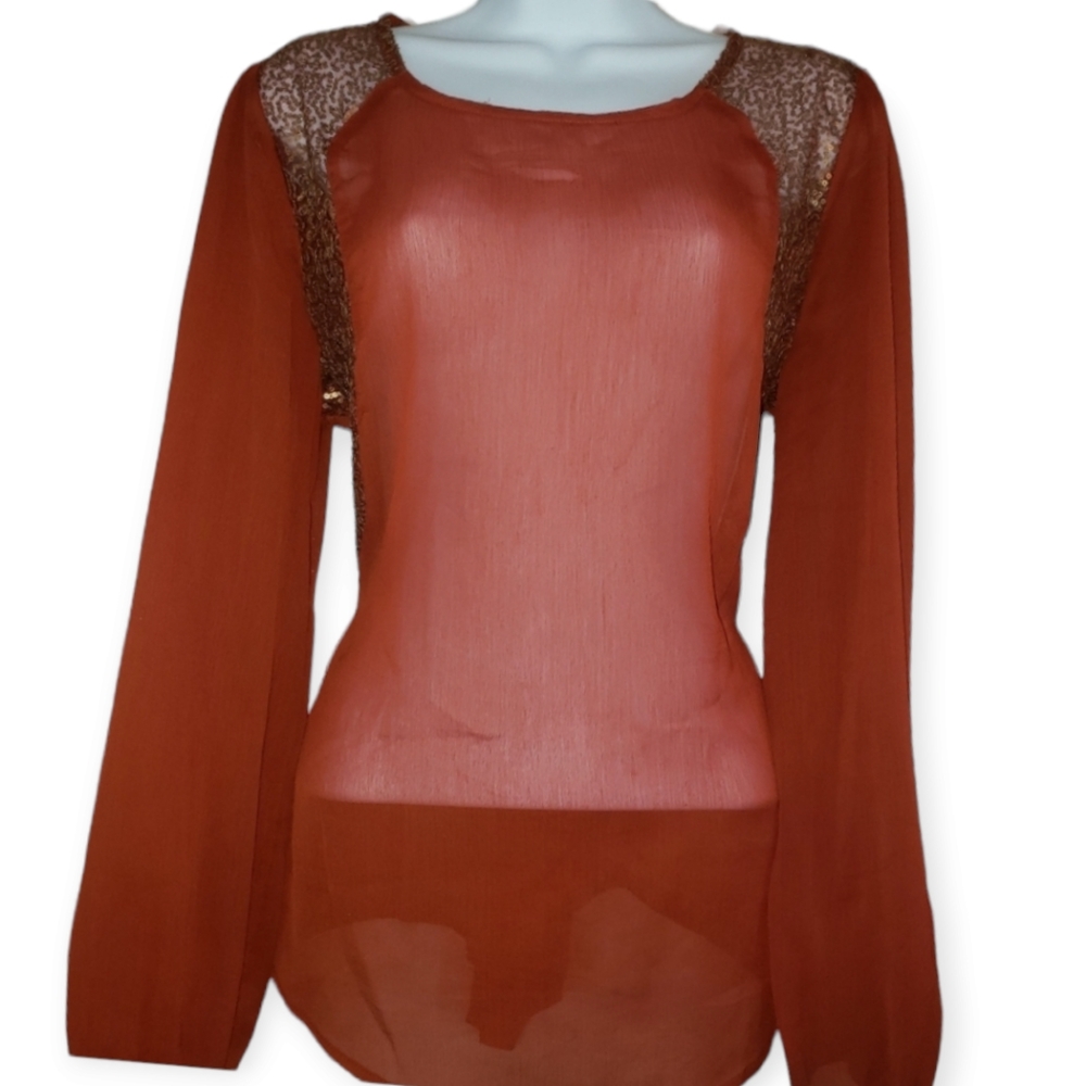 2/$20 9 West sheer orange & gold sequin top Med